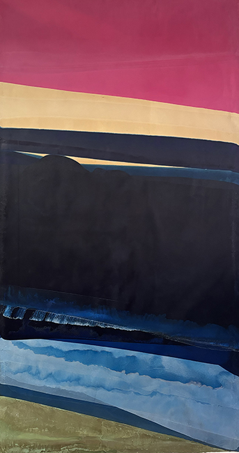...AND THE ROUND OCEAN AND THE LIVING AIR... Oil paint and bronze powders on Toyoshi paper on canvas, 78 x 43"